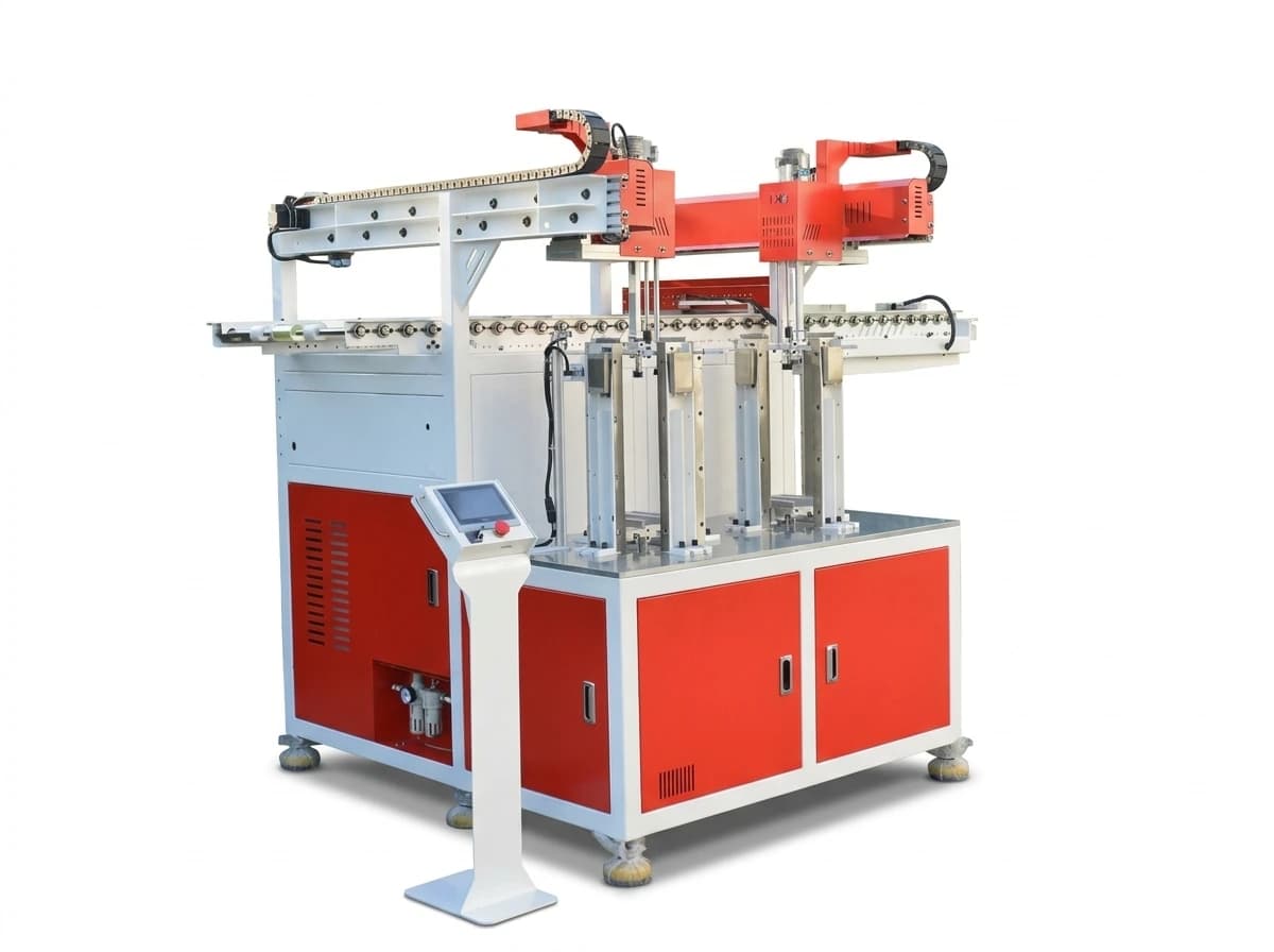 Automated magnetic sheet and layer splitting depalletizing machine on pure white background